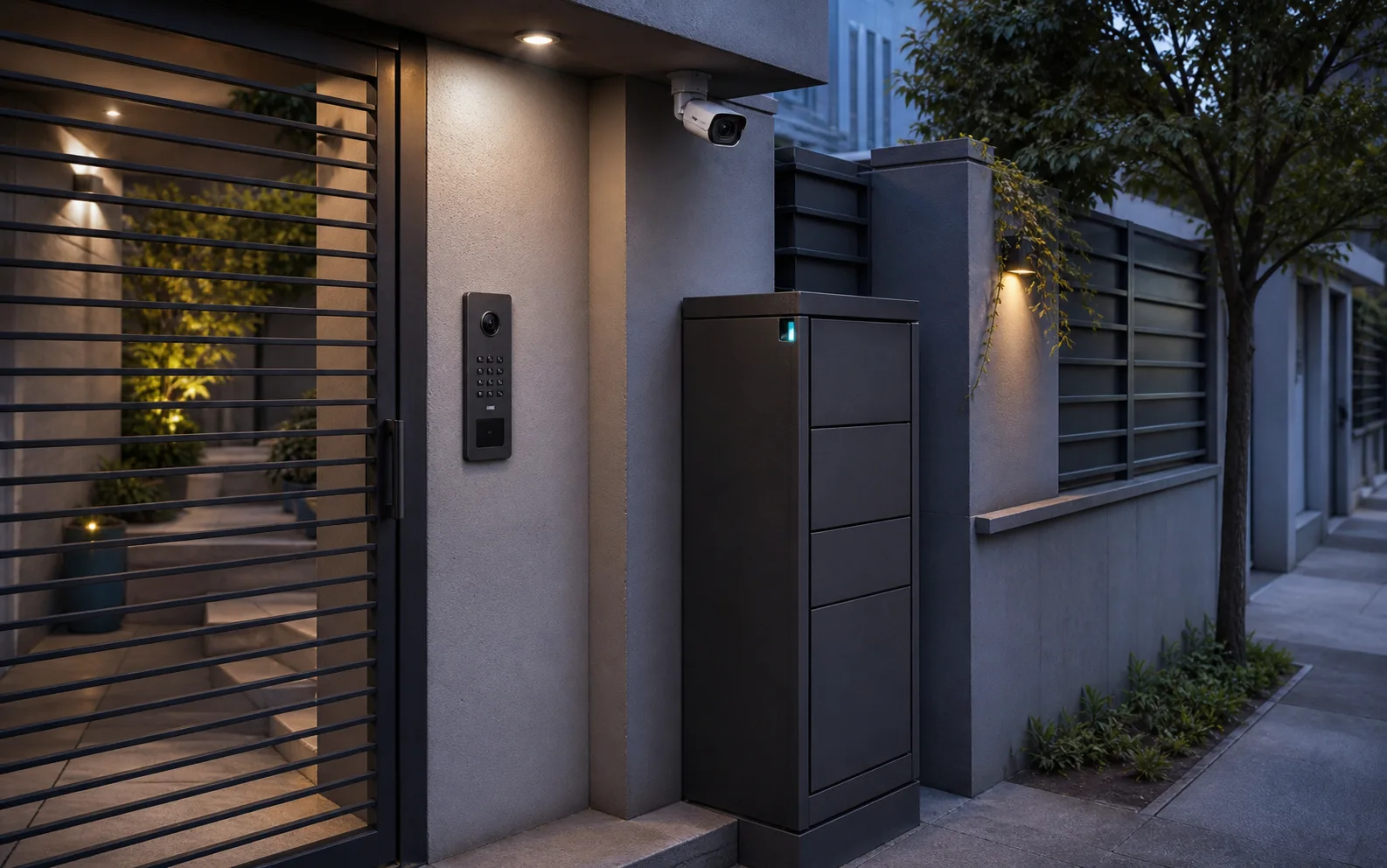 Acceso residencial con cámara, intercomunicador y casillero inteligente